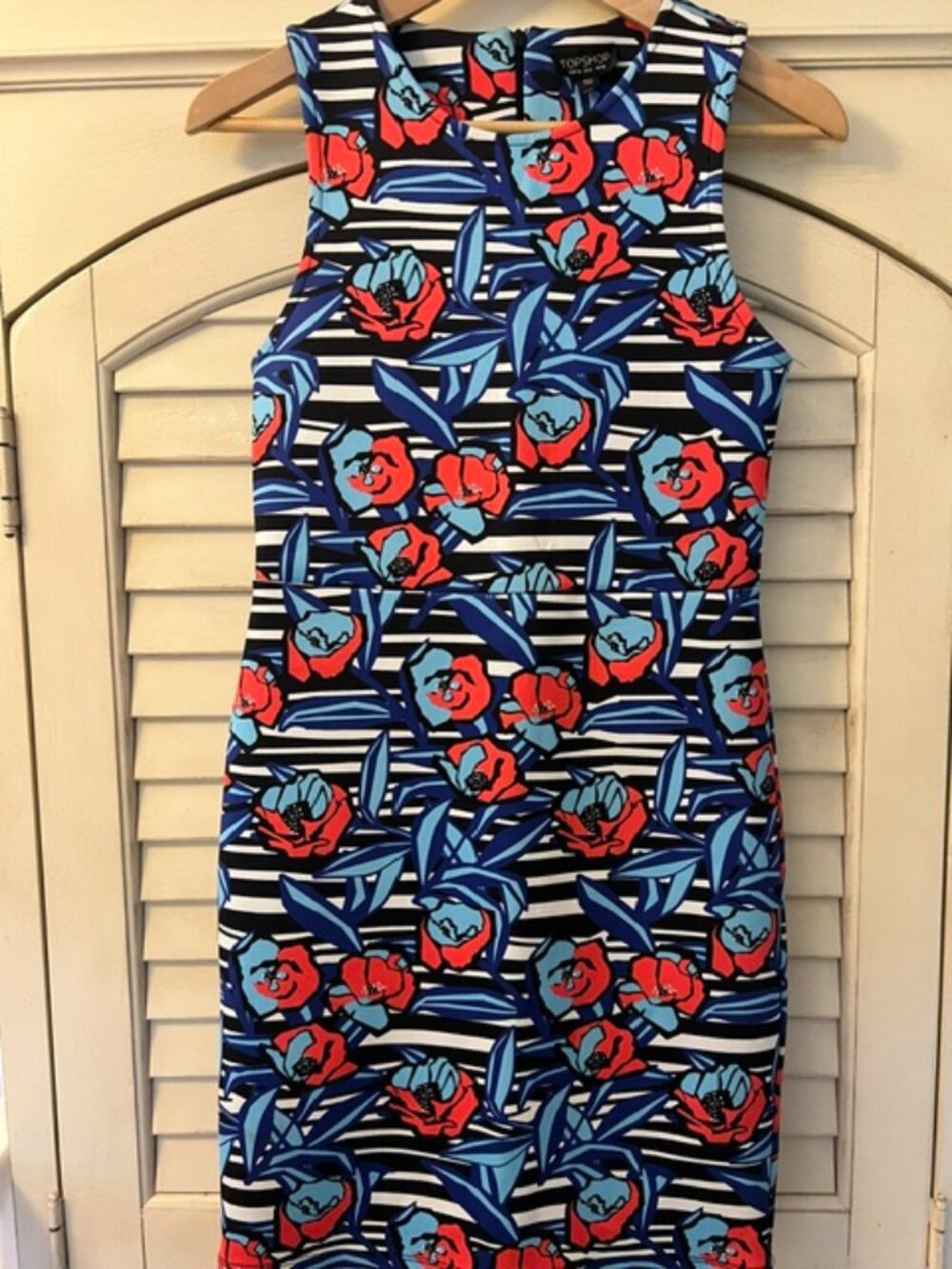 Topshop Floral Bright Blue/Black/Red/White BodyCon Dress - Size 6